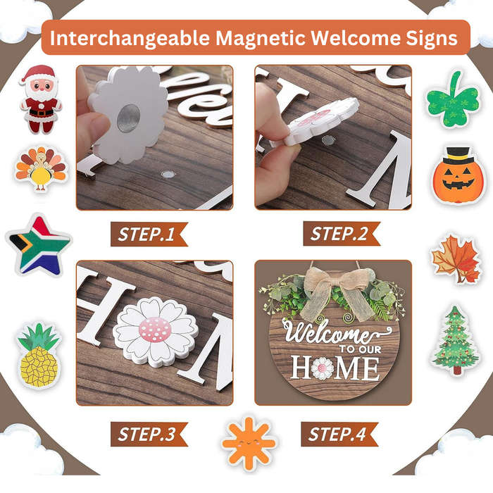 Wood Welcome Home Sign Decor with 14 Magnets - Wreath Wall Hanging - Halloween - Easter - Party
