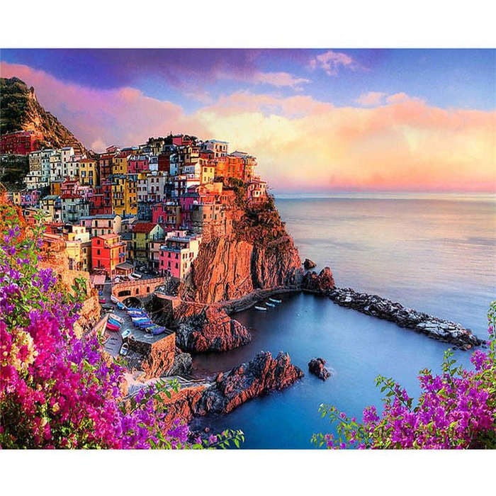 Paint By numbers for Adult - Seaside Village Framed Canvas