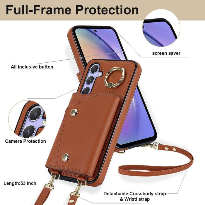 For Samsung Galaxy A54 5G Zipper Card Bag Phone Case with Dual Lanyard(Brown)