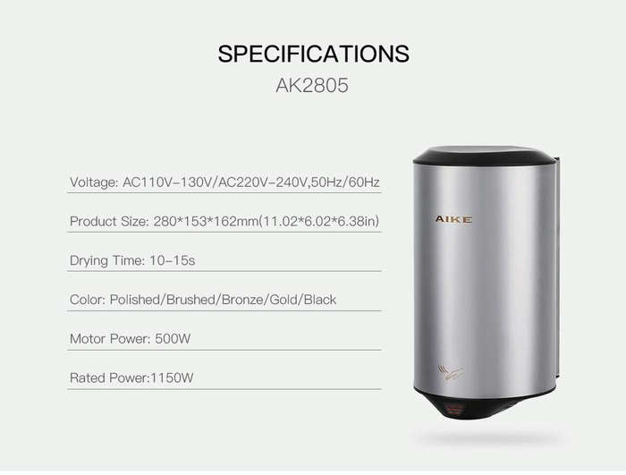 304 Stainless Steel Automatic SensorJet Hand Dryer High Speed Airflow for Home Hotel Airport Hand...