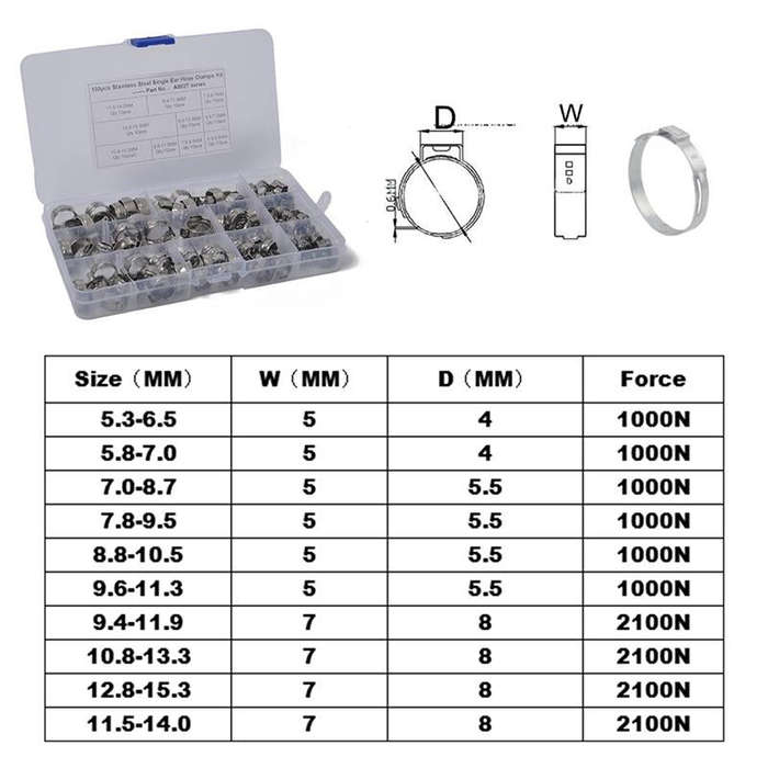 100 PCS Adjustable Single Ear Plus Stainless Steel Hydraulic Hose Clamps O-Clips Pipe Fuel Air, I...