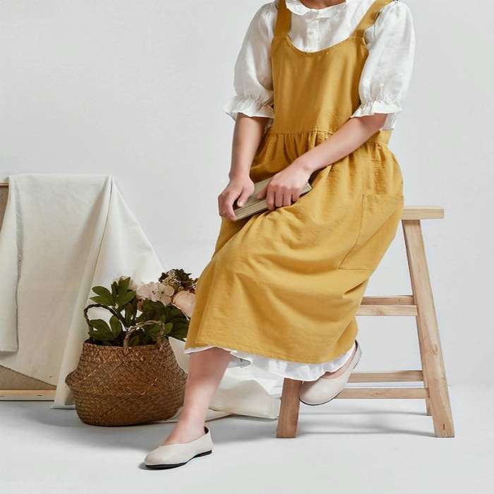 High Waist Cotton Linen Solid Color Apron(Ginger)
