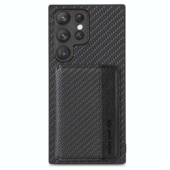 For Samsung Galaxy S22 Ultra 5G Carbon Fiber Magnetic Card Wallet Bag Phone Case(Black)