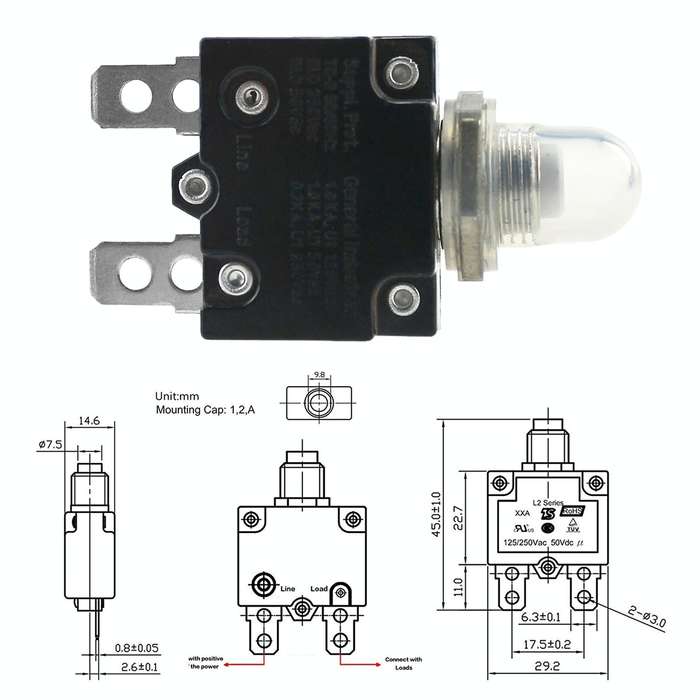 L2 Series 50V Car Overload Protector Manual Reset DC Circuit Breaker with Waterproof Cover, Curre...