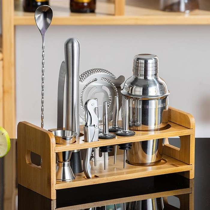 550ml 12 In 1 Stainless Steel Bartender Wooden Stand Set Cocktail Bartending Tools