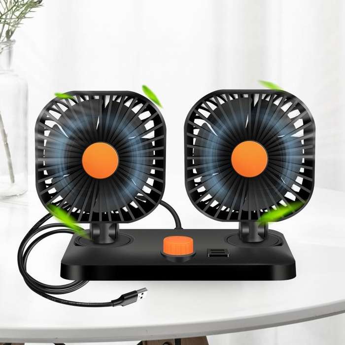 Mini USB 12 / 24V Car Electric Fan Double Head Car Cigarette Lighter Fan