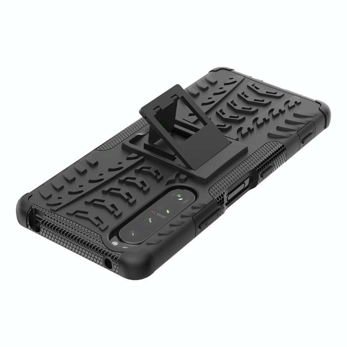 For Sony Xperia 1 III Tire Texture Shockproof TPU+PC Protective Case with Holder(Black)
