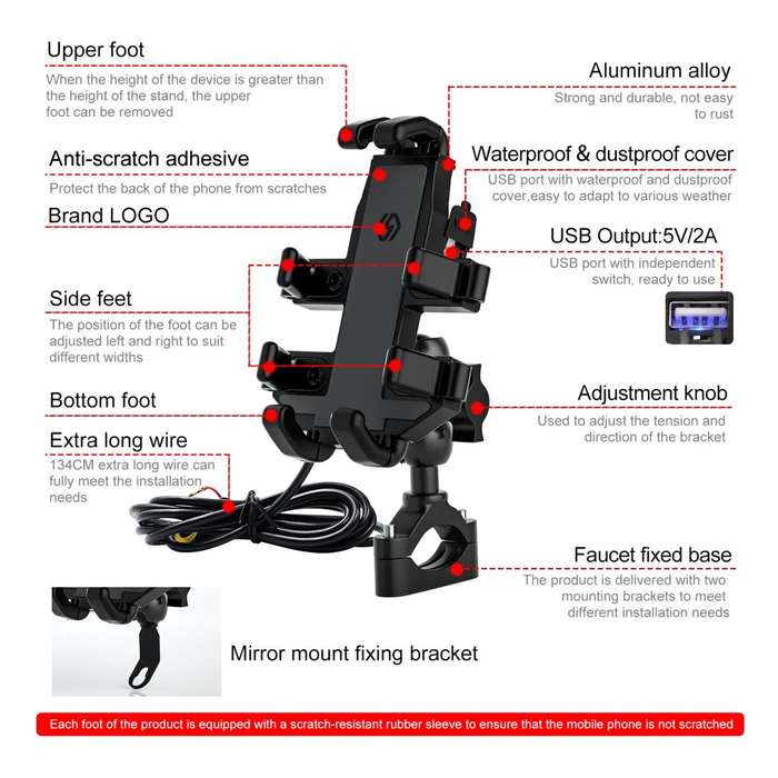 WUPP CS-1098A1 Motorcycle Aluminum Alloy Eight-jaw Mobile Phone Charging Holder with Switch(Black)