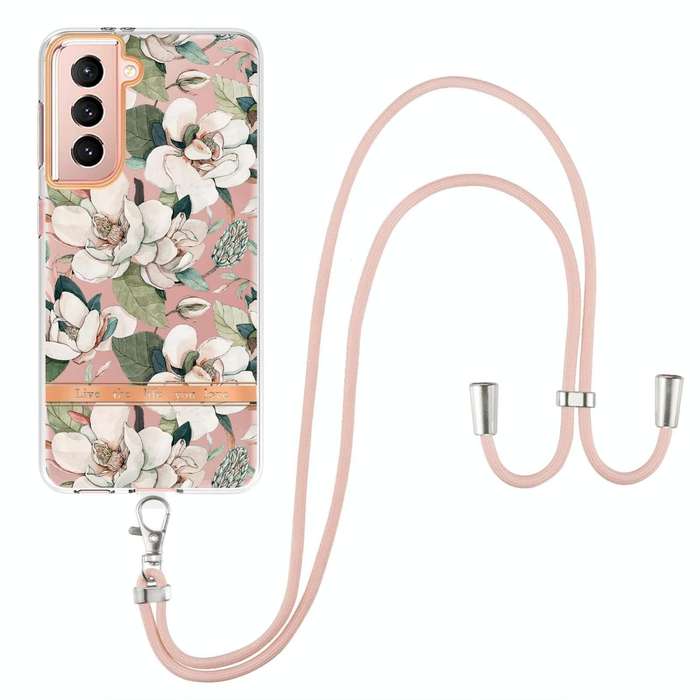 For Samsung Galaxy S21 5G Flowers Series TPU Phone Case with Lanyard(Green Gardenia)
