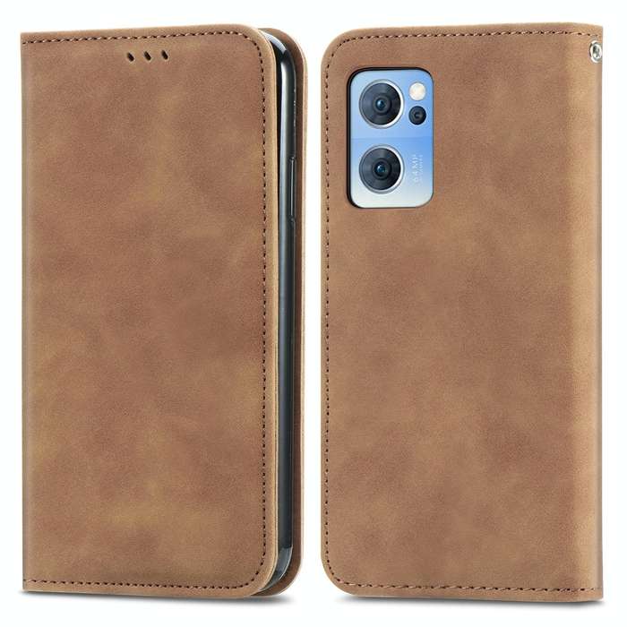 For OPPO Reno7 5G Retro Skin Feel Magnetic Horizontal Flip Leather Phone Case(Brown)