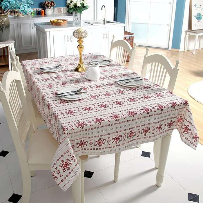Linen Cotton Tablecloth Red Snowflakes Pattern Table Cloth Wedding Banquet Washable Table Cover T...