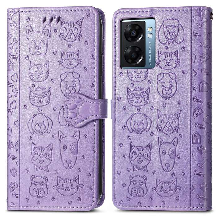 For OPPO A57 5G Cute Cat and Dog Embossed Horizontal Flip Leather Case(Purple)