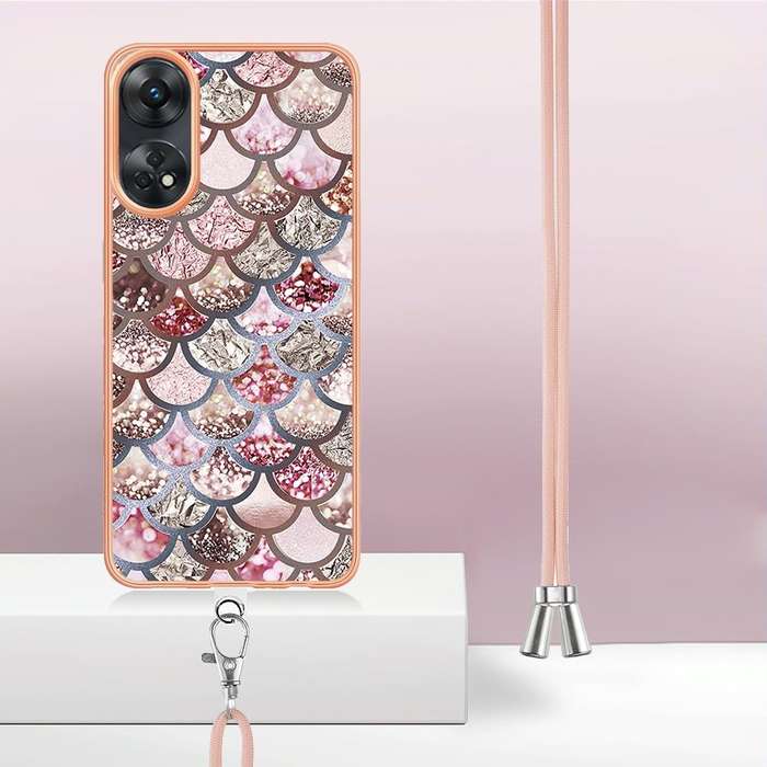 For OPPO Reno8 T 4G Electroplating IMD TPU Phone Case with Lanyard(Pink Scales)