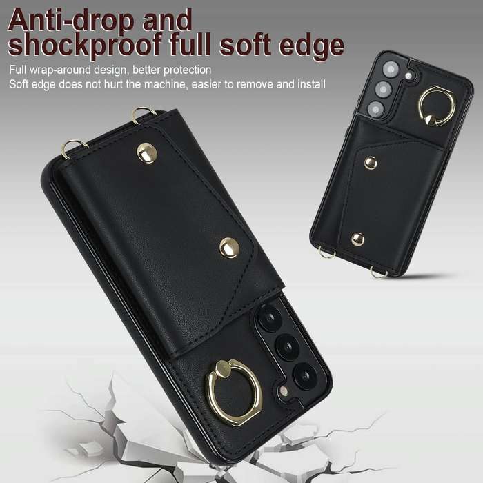 For Samsung Galaxy S22+ 5G Zipper Card Bag Phone Case with Dual Lanyard(Black)