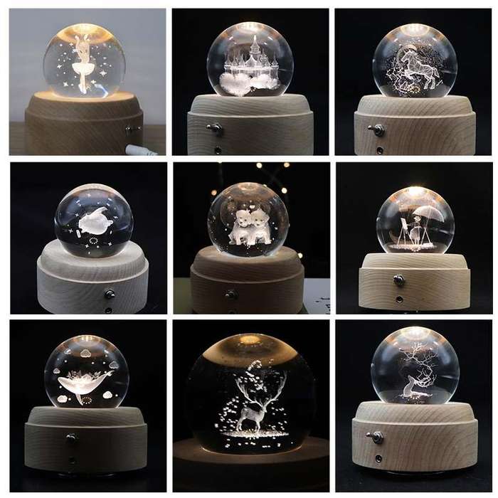 Girl Bedside Lamp Crystal Ball Wooden Base Music Box Charging Glow Rotating Night Light, Random M...
