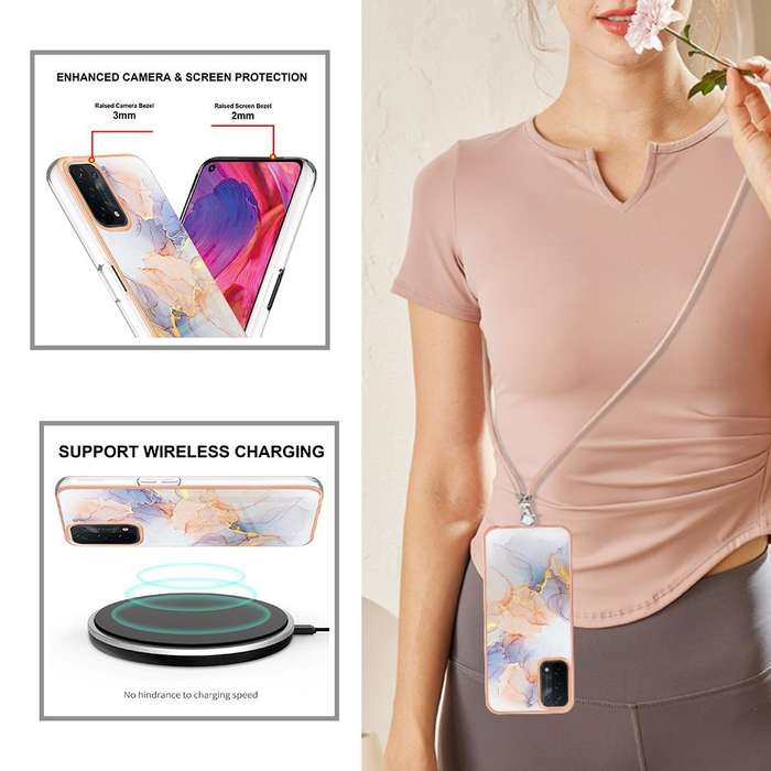 For OPPO A74 5G / A93 5G Electroplating IMD TPU Phone Case with Lanyard(White Marble)
