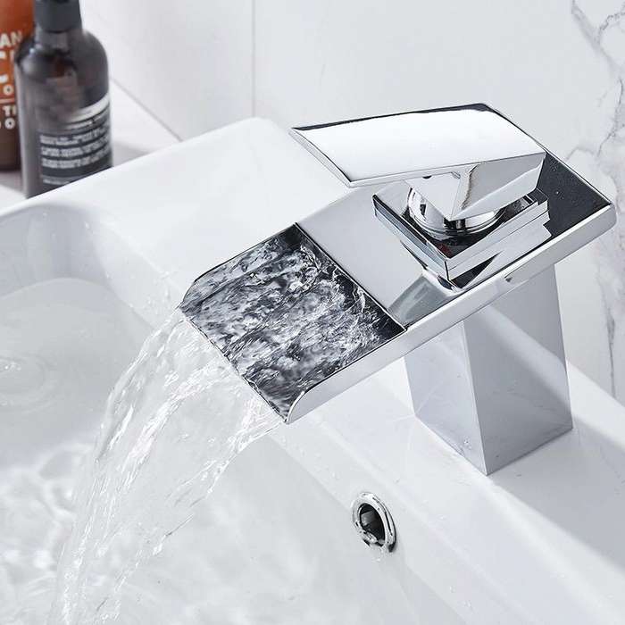 LED Three Lights Hot Cold Water Faucet Bathroom Waterfall Faucet CN Plug(Electroplating Silver)