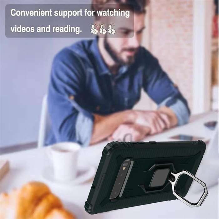 For Galaxy S10+ Carbon Fiber Protective Case with 360 Degree Rotating Ring Holder(Green)