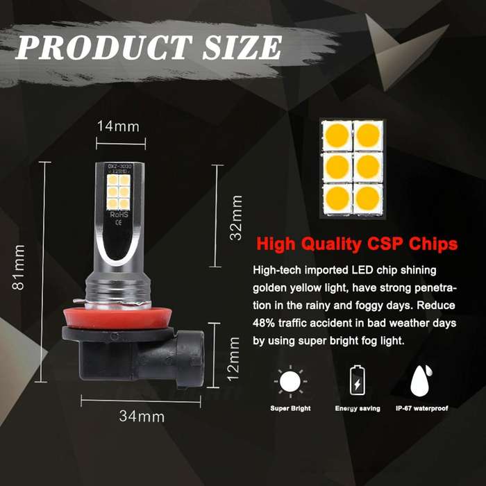 2 PCS H11 / H8 DC12V-24V / 12W / 3000K / 800LM 12LEDs SMD-3030 Car LED Fog Light (Yellow Light)
