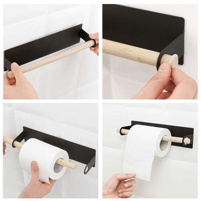 Non-perforated Kitchen Paper Holder Rag Roll Paper Storage Rack Toilet Bathroom Towel Rack(Black)