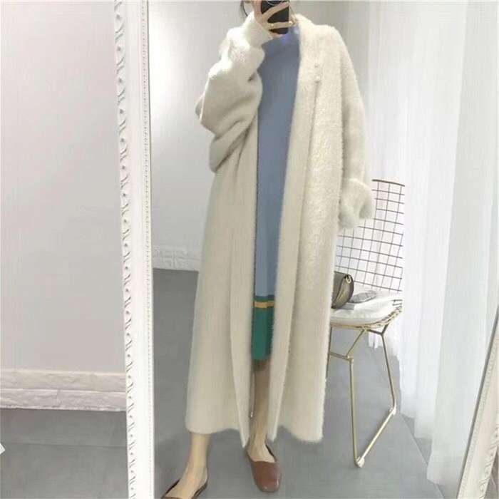 Loose Bat Plus Size Thickened Nightgown Women Knitted Cardigan Sweater Coat (Color:White Size:Fre...