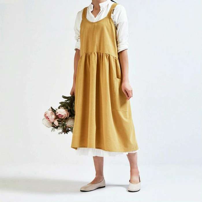 High Waist Cotton Linen Solid Color Apron(Ginger)