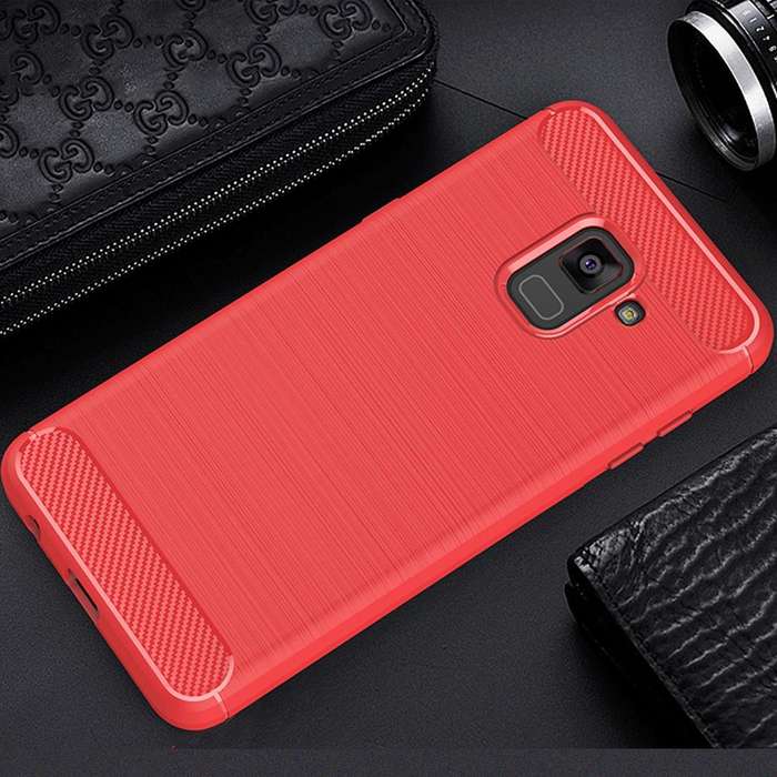 For Galaxy A8 (2018) Brushed Texture Carbon Fiber Shockproof TPU Protective Back Case (Red)