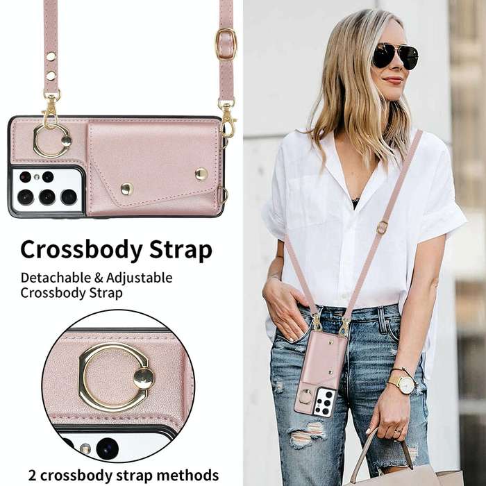 For Samsung Galaxy S21 Ultra 5G Zipper Card Bag Phone Case with Dual Lanyard(Rose Gold)