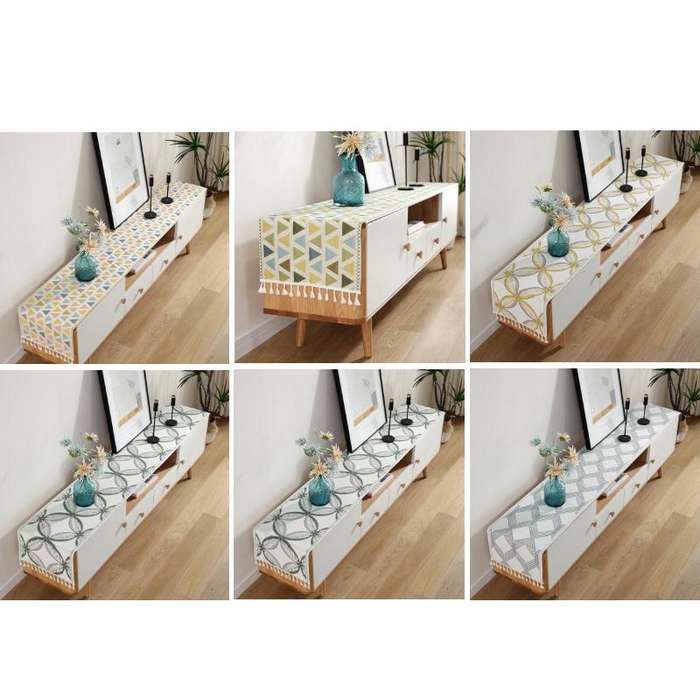Home TV Cabinet Shoe Cabinet Chenille Polyester Tassel Tablecloth, Size: 35x220cm(Green Flower)