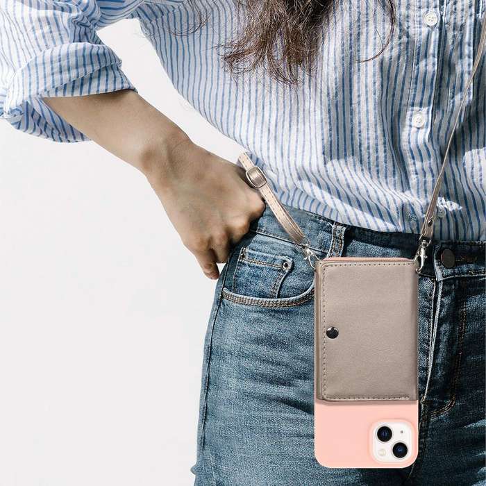 For iPhone 14 Crossbody Lanyard Wallet Card Bag Phone Case(Pink)