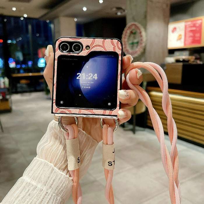 For Samsung Galaxy Z Flip4 5G Impression Camellia Pattern Protective Phone Case with Long Lanyard...