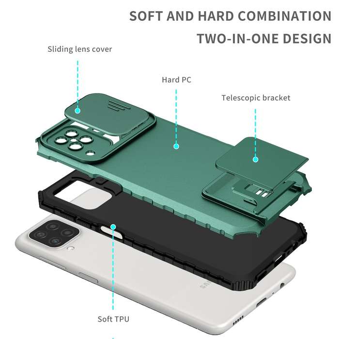 For Samsung Galaxy A12 5G Stereoscopic Holder Sliding Camshield Phone Case(Dark Green)