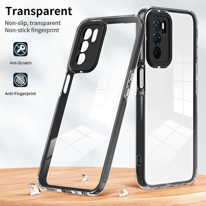 For OPPO A16 / A16s 3 in 1 Clear TPU Color PC Frame Phone Case(Black)