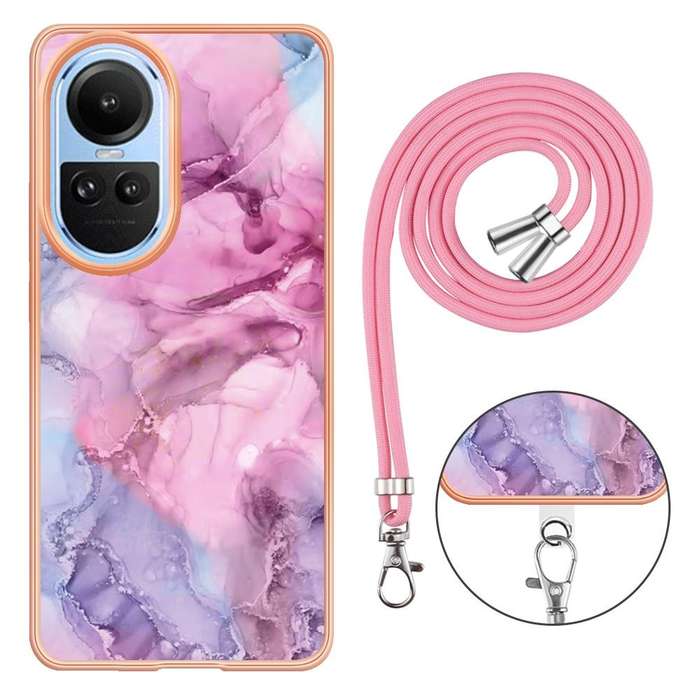 For OPPO Reno10 5G Global Electroplating Marble Dual-side IMD Phone Case with Lanyard(Pink 013)