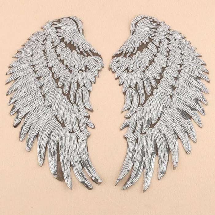 Silver A Pair Sequin Feather Wing Shape Clothing Patch Sticker DIY Clothing Accessories, Size:Sma...