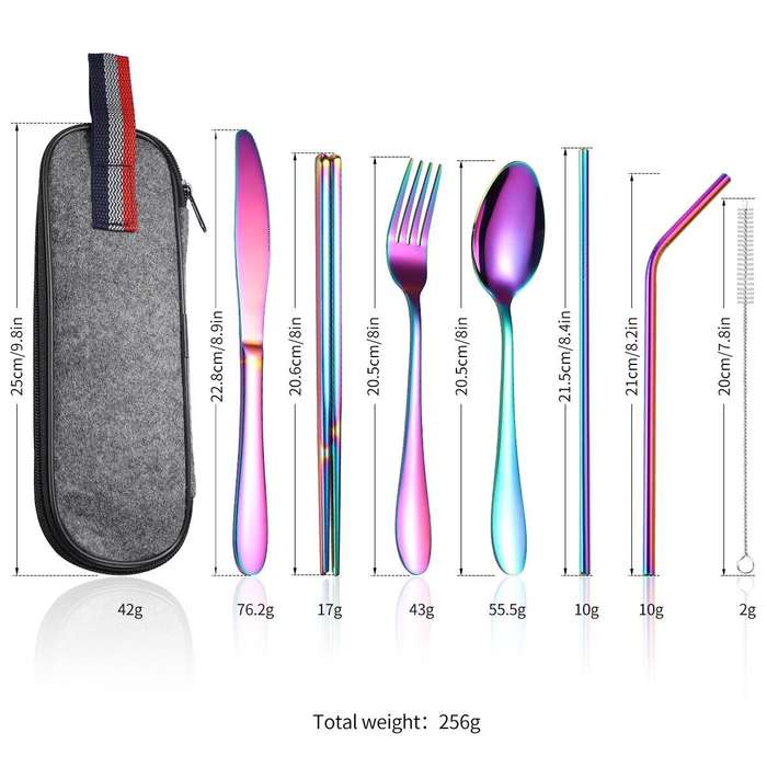 7 in 1 Cutlery Spoon Chopsticks And Straw Set Stainless Steel Portable Cutlery Set, Specification...