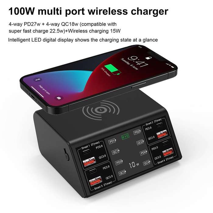 838w 9 in 1 100W 4 PD 3.0 USB-C / Type-C + 4 QC 3.0 USB Ports Smart Digital Display Wireless Char...