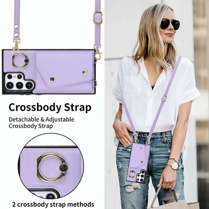 For Samsung Galaxy S22 Ultra 5G Zipper Card Bag Phone Case with Dual Lanyard(Purple)