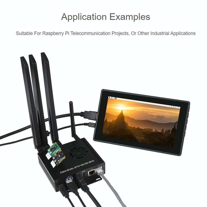 Waveshare Dual Gigabit Ethernet 5G/4G Computer Box with Cooling Fan for Raspberry Pi CM4(US Plug)