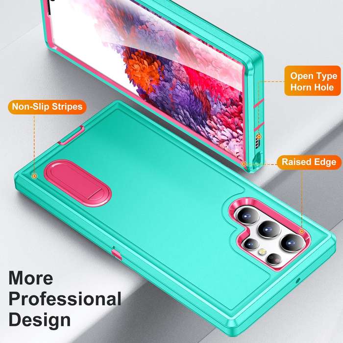 For Samsung Galaxy S22 Ultra 5G 3 in 1 Rugged Holder Phone Case(Blue+Pink)