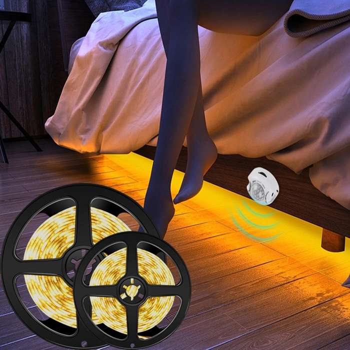 2m Wireless PIR Motion Sensor LED Strip Light 12V Smart Stair Cabinet Wall Lamp, EU plug(Warm whi...