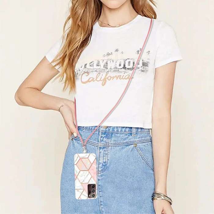 For Samsung Galaxy Note20 Ultra Electroplating Splicing Marble TPU Phone Case with Lanyard(Pink W...