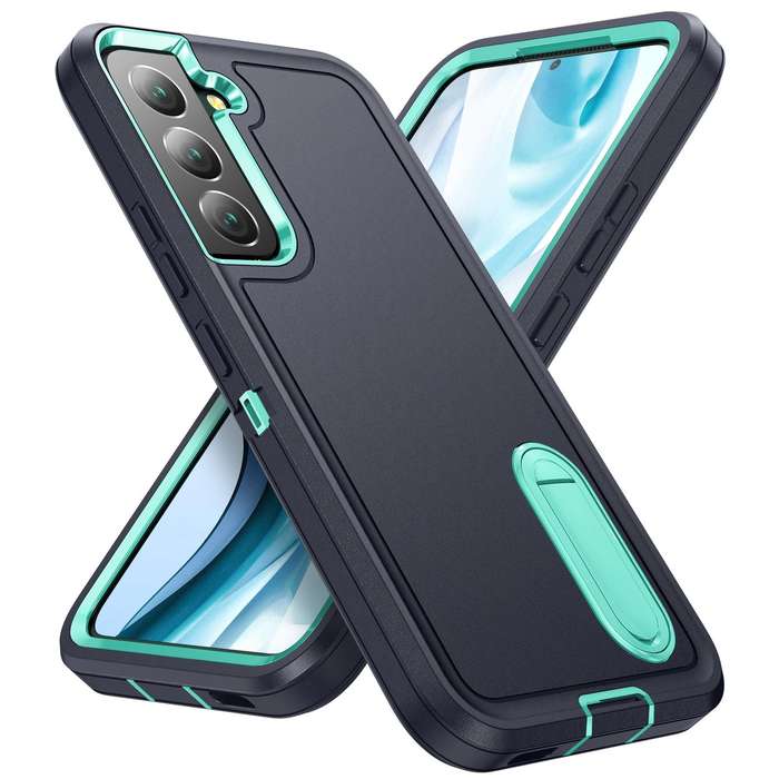 For Samsung Galaxy S22 5G 3 in 1 Rugged Holder Phone Case(Dark Blue+Light Blue)
