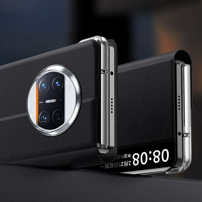 For Huawei Mate X3 Plain Magnetic Phone Case with Smart View Window & Holder(Black)