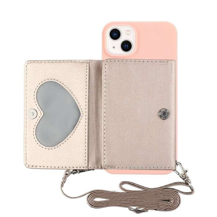 For iPhone 14 Crossbody Lanyard Wallet Card Bag Phone Case(Pink)