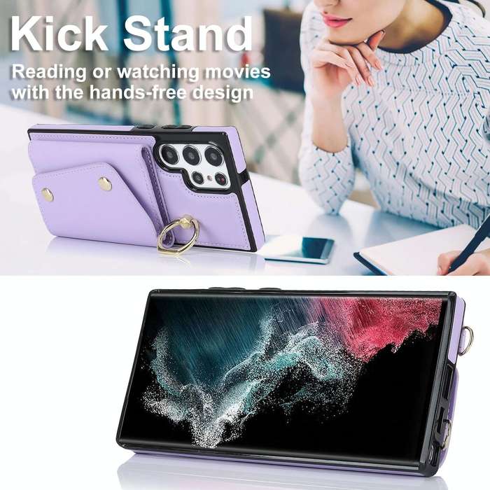 For Samsung Galaxy S22 Ultra 5G Zipper Card Bag Phone Case with Dual Lanyard(Purple)