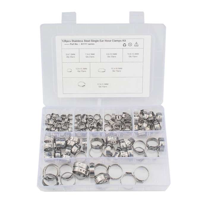 128 PCS Adjustable Single Ear Plus Stainless Steel Hydraulic Hose Clamps O-Clips Pipe Fuel Air In...