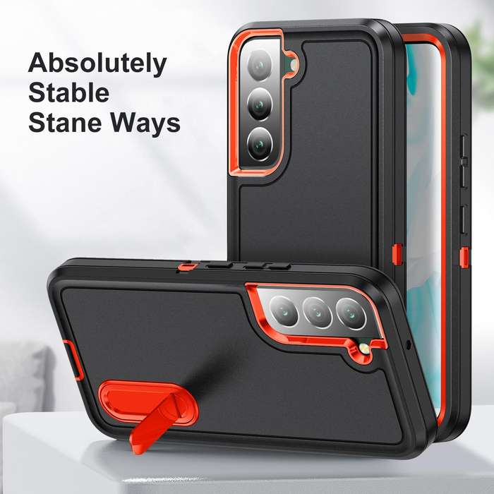 For Samsung Galaxy S22 5G 3 in 1 Rugged Holder Phone Case(Black+Orange)