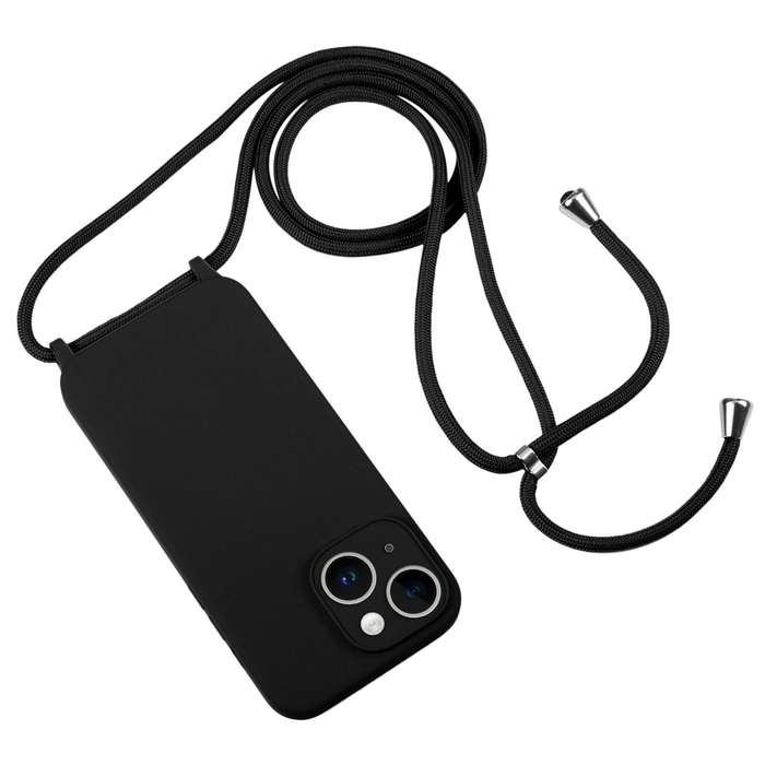 For iPhone 15 Crossbody Lanyard Liquid Silicone Case(Black)