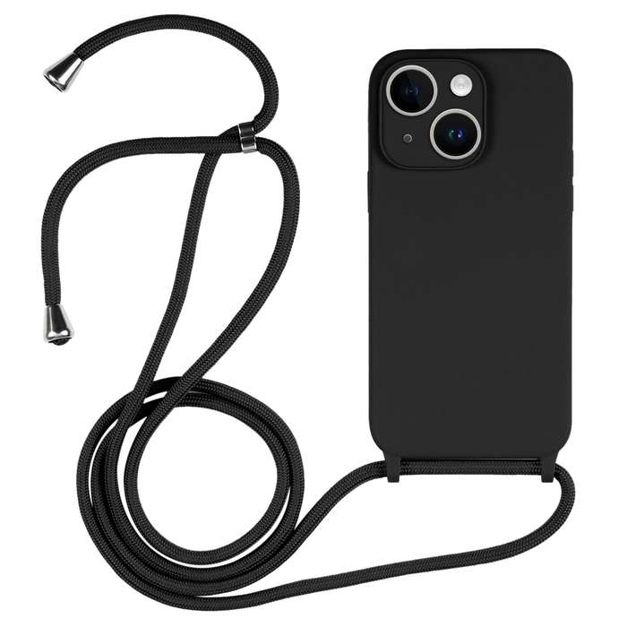 For iPhone 15 Crossbody Lanyard Liquid Silicone Case(Black)